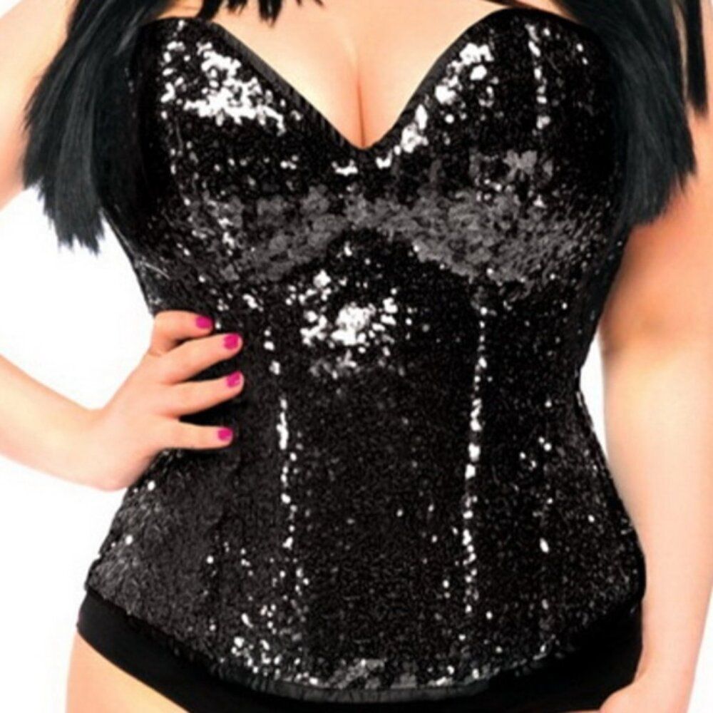 28"-31" Large Top Drawer Steel Boning Black Satin Sequin mesh overbust corset